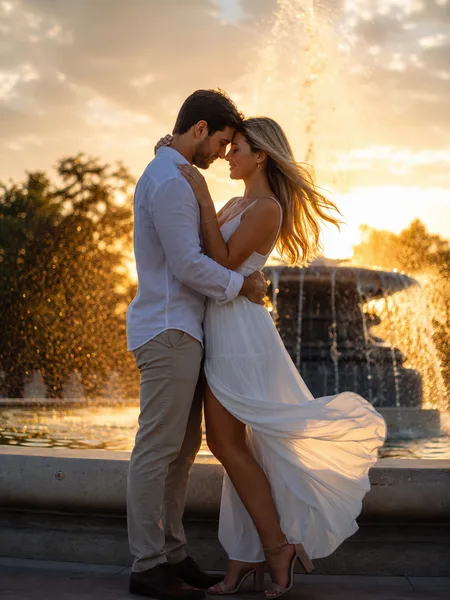 Couple touching foreheads by a fountain at golden hour, woman in white flowy dress, engagement photos