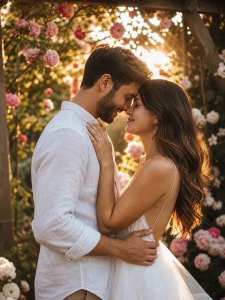 Couple with foreheads touching in a rose garden during golden hour, white flowy dress, engagement photos.