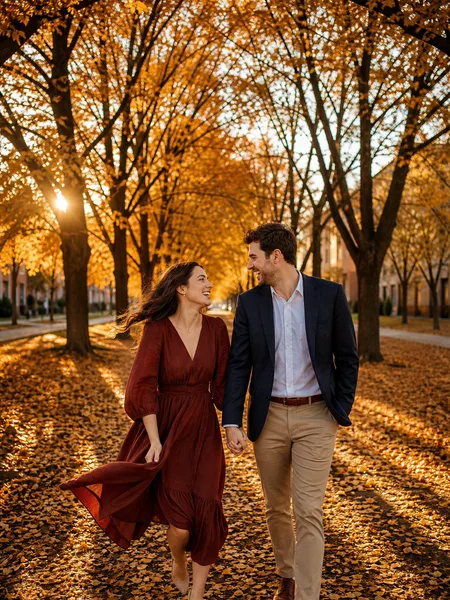 Couple laughing while walking hand in hand on a golden leaf-covered tree avenue during fall golden hour, engagement photos.