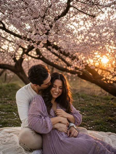 Couple sitting closely on a blanket under a cherry blossom tree, bathed in warm sunset light, engagement photos.