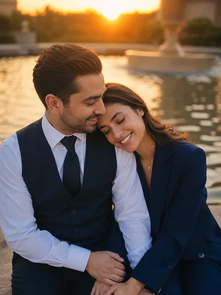 Engagement couple sitting on fountain edge at sunset, formal attire, warm light, intimate embrace.