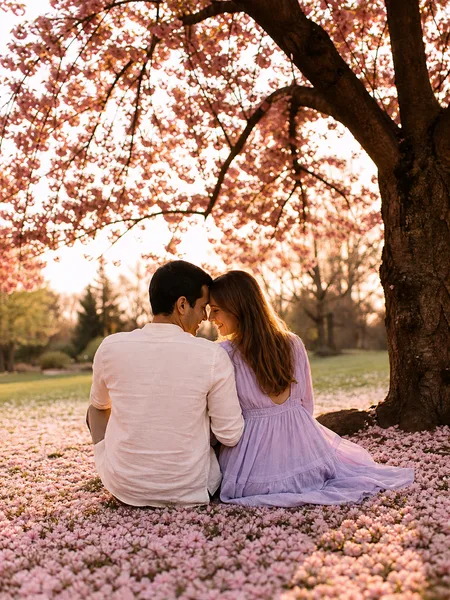 Couple sitting close under cherry blossom tree surrounded by pink petals at sunset, engagement photos
