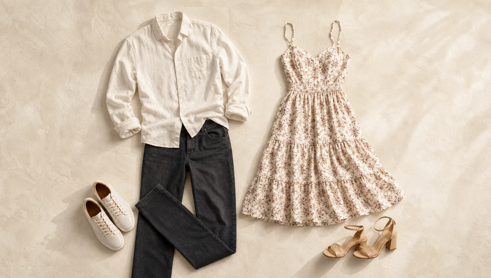 Outfit ideas for piggyback ride through a sunlit summer terrace engagement photos