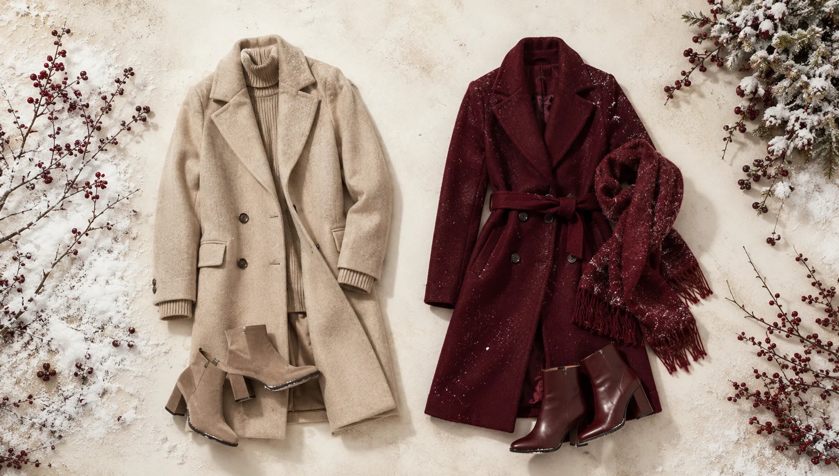 Outfit ideas for strolling together through snow-dusted pines engagement photos
