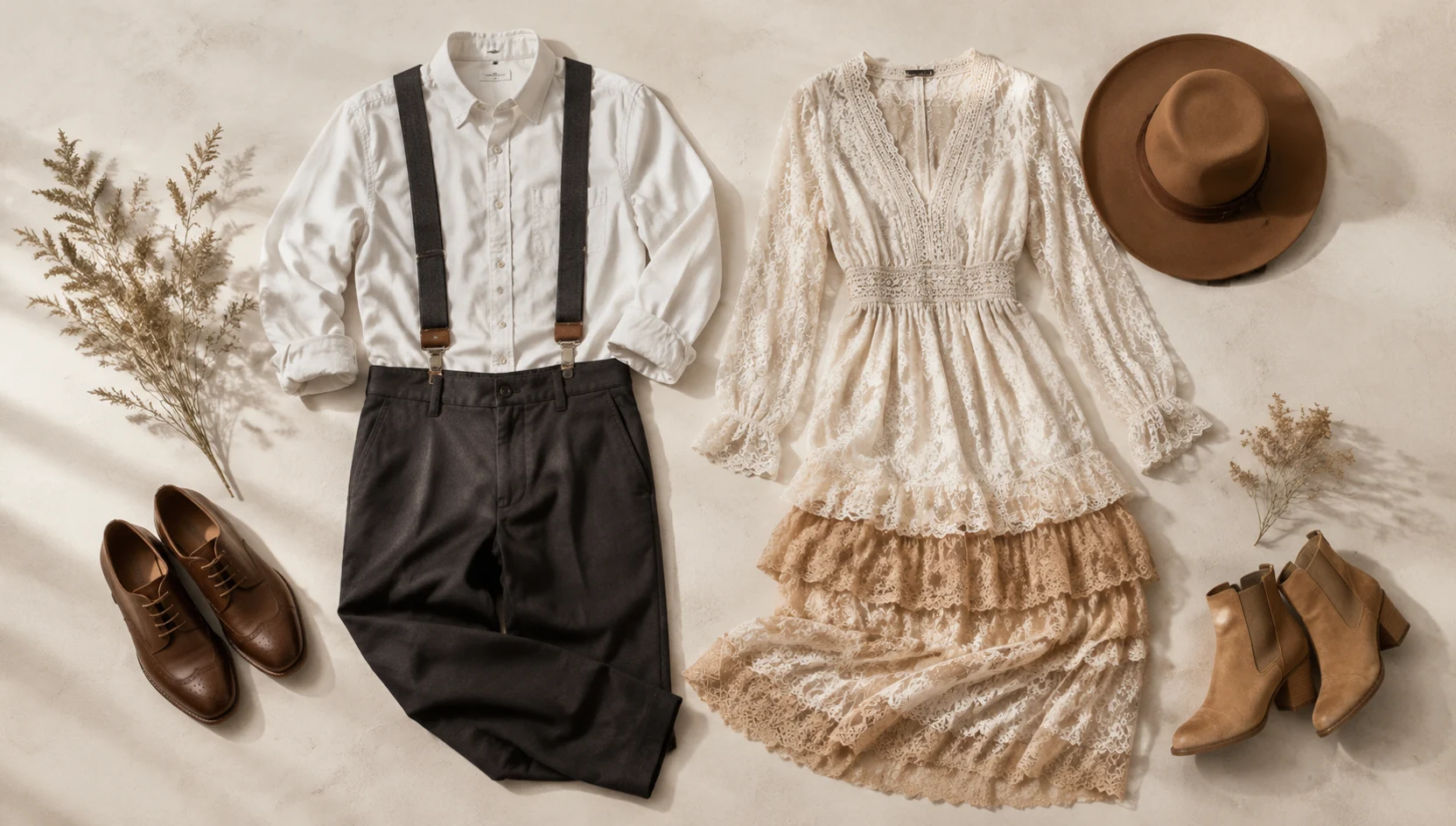 Outfit ideas for playful walk down a misty morning road engagement photos
