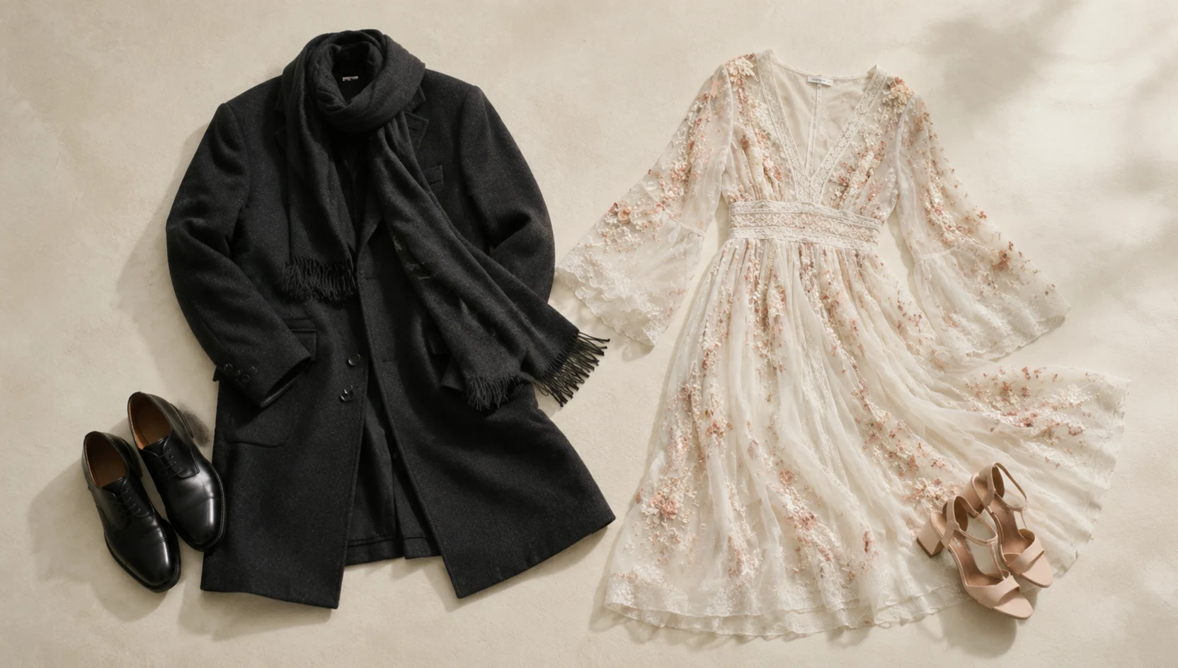 Outfit ideas for moody ring reveal with snowy peak backdrop engagement photos