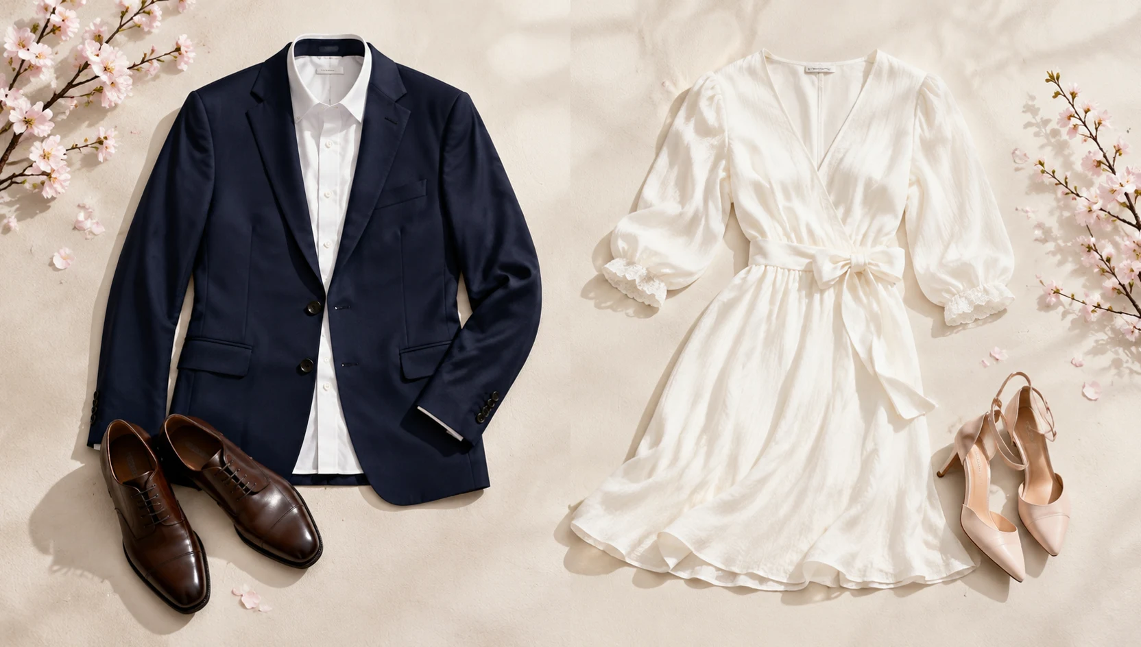Outfit ideas for ring detail against soft pink cherry blossom petals engagement photos