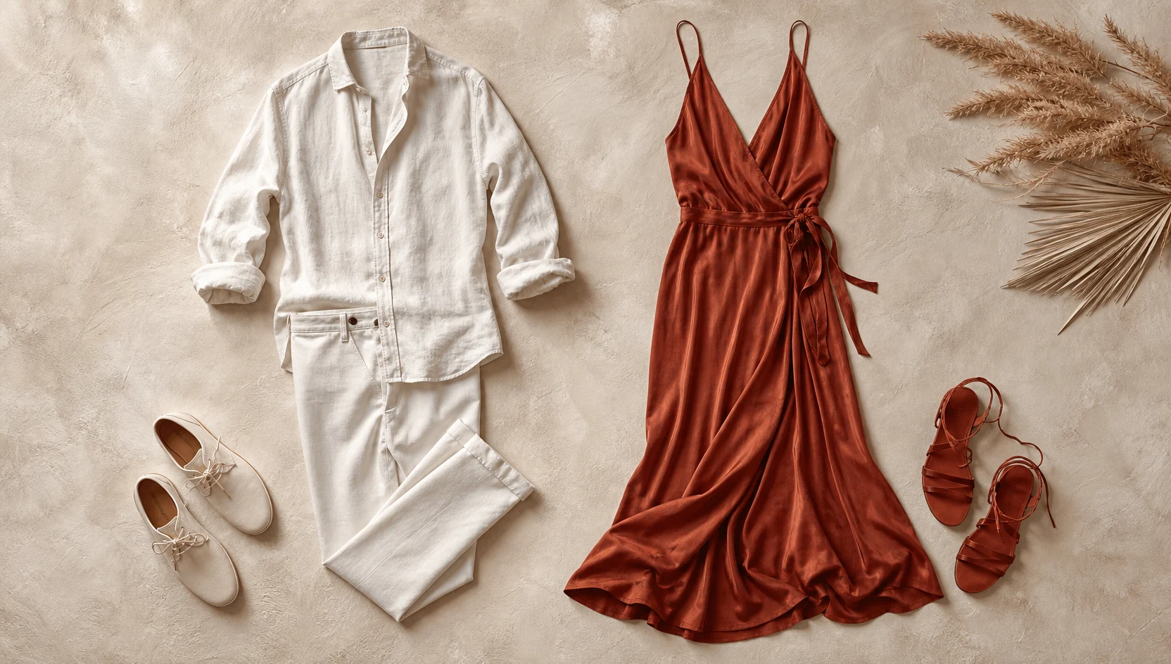 Outfit ideas for shared gaze into the fiery sunset engagement photos