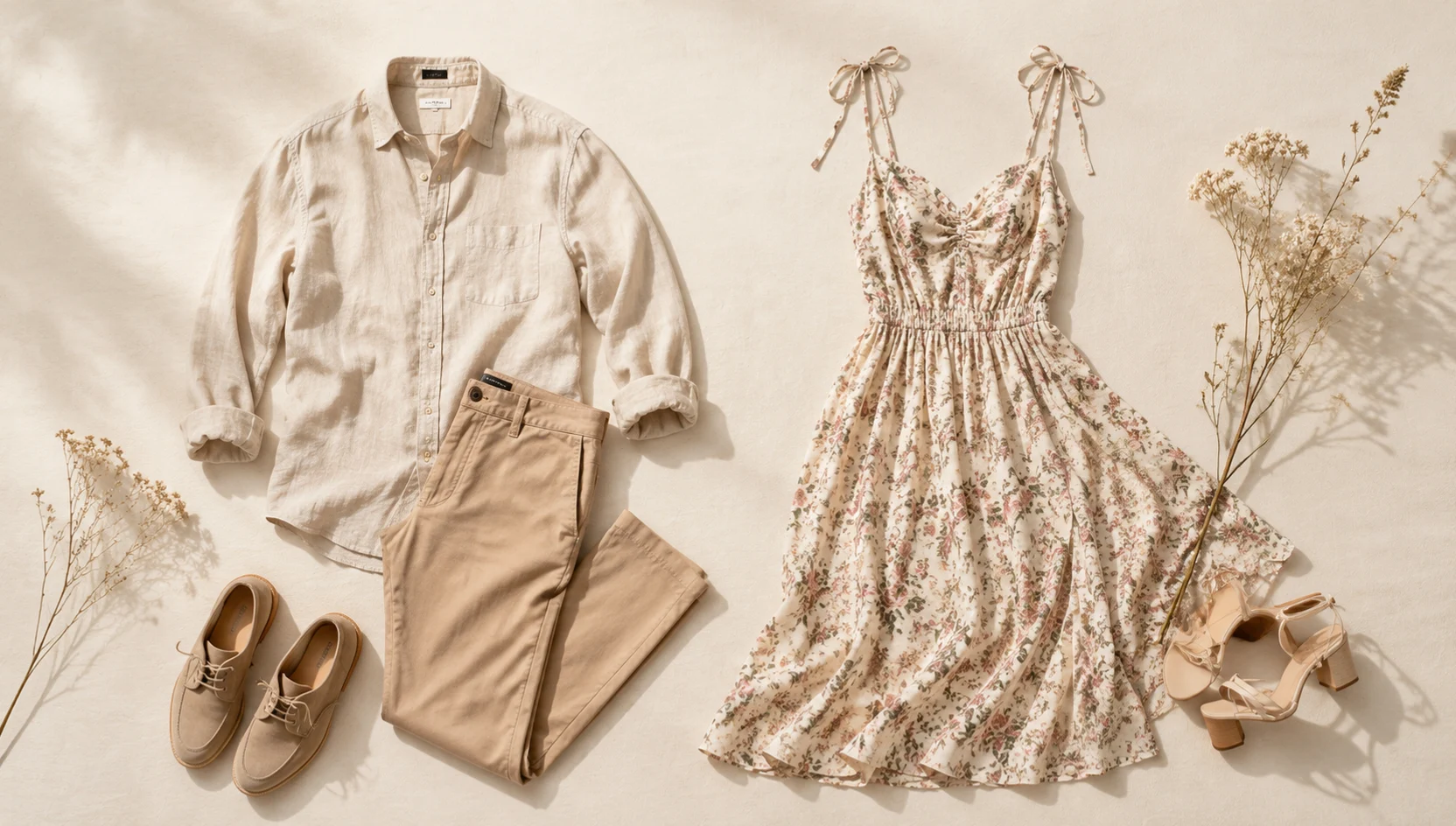 Outfit ideas for sitting close among lupine at golden hour engagement photos