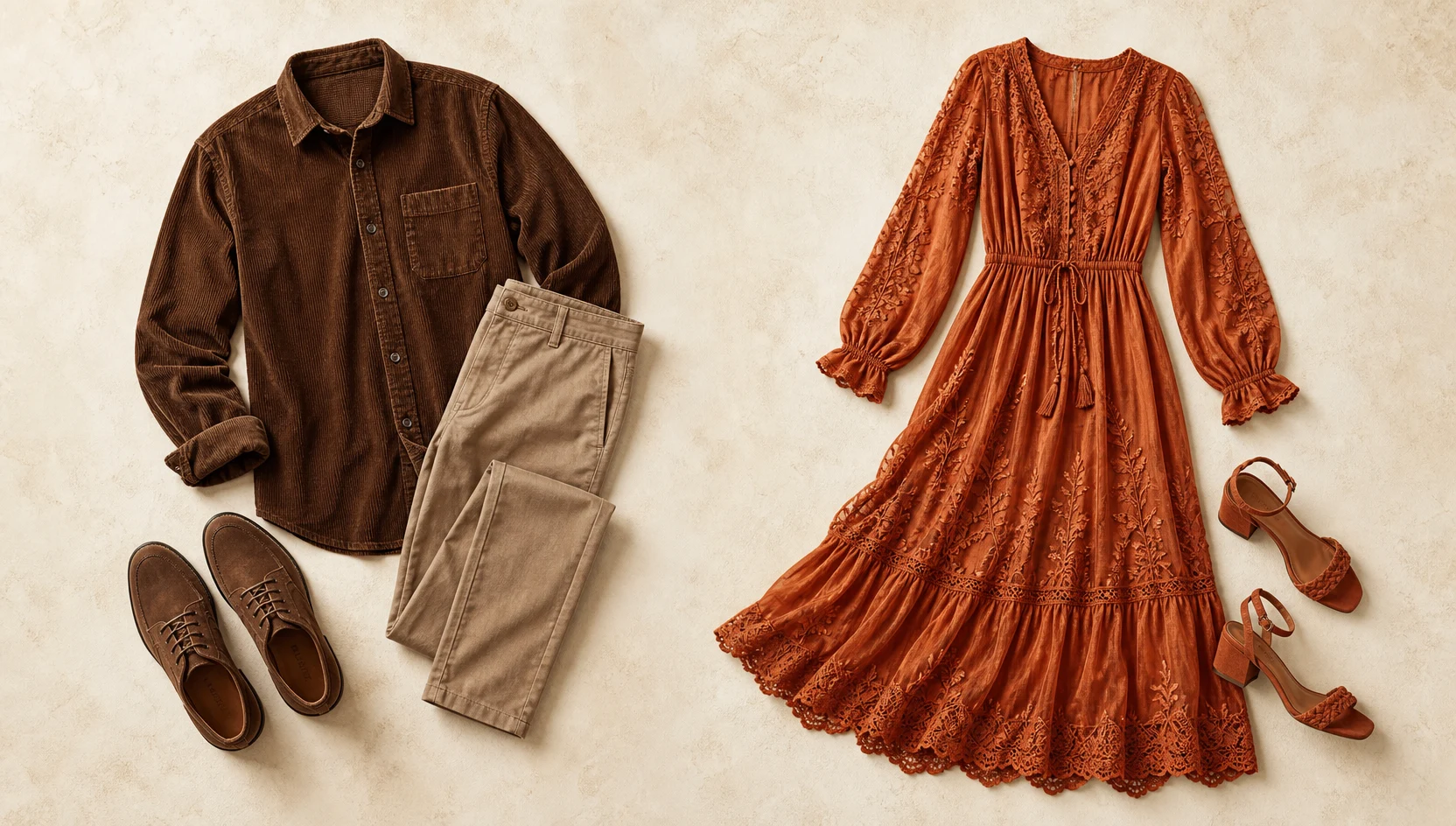 Outfit ideas for cozy sunset embrace on a leafy stoop engagement photos
