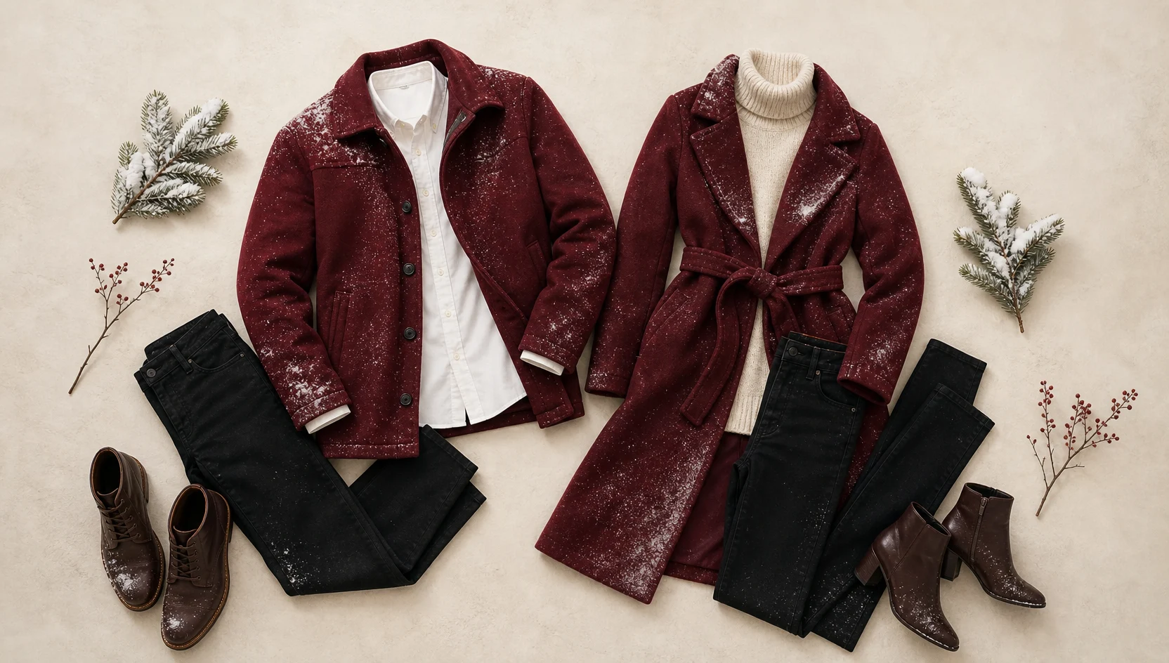 Outfit ideas for burgundy coats sitting close in soft snow engagement photos