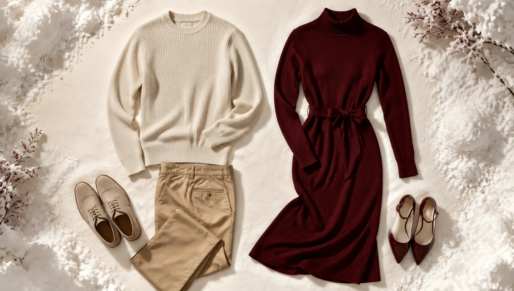 Outfit ideas for sitting close in burgundy against soft winter day engagement photos
