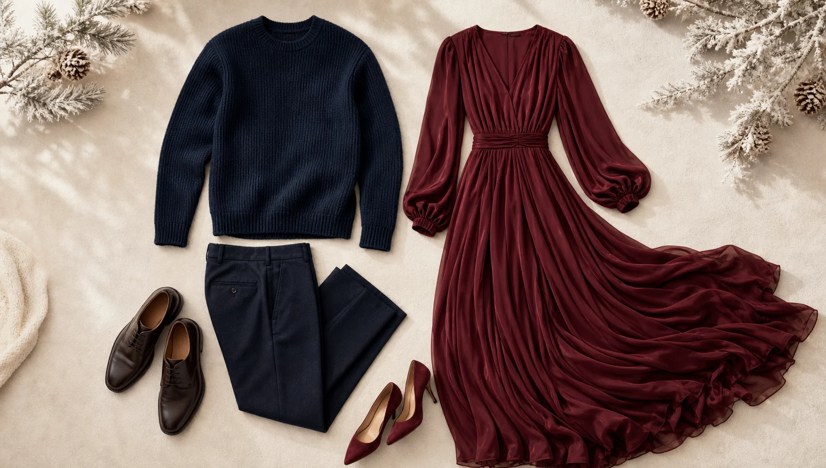 Outfit ideas for burgundy velvet by the frosted window engagement photos