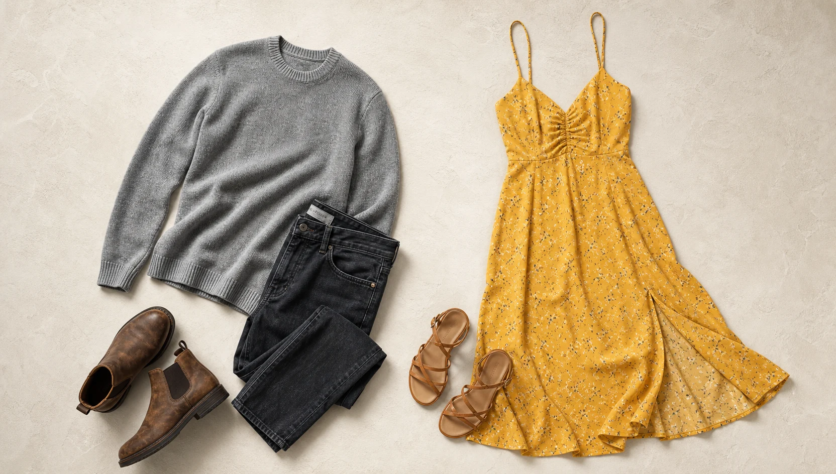 Outfit ideas for cuddling on a cafe bench under gray skies engagement photos