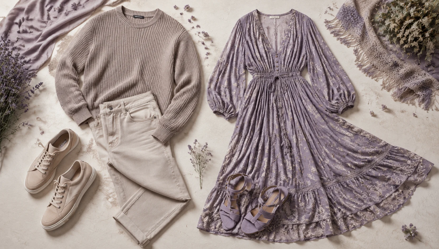 Outfit ideas for cozy embrace amid fallen cherry blossoms at sunset engagement photos