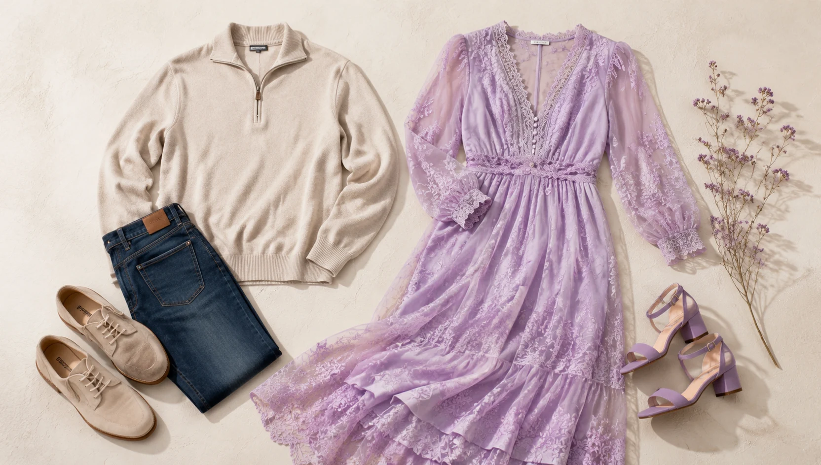 Outfit ideas for sunset bench moment among city blossoms engagement photos