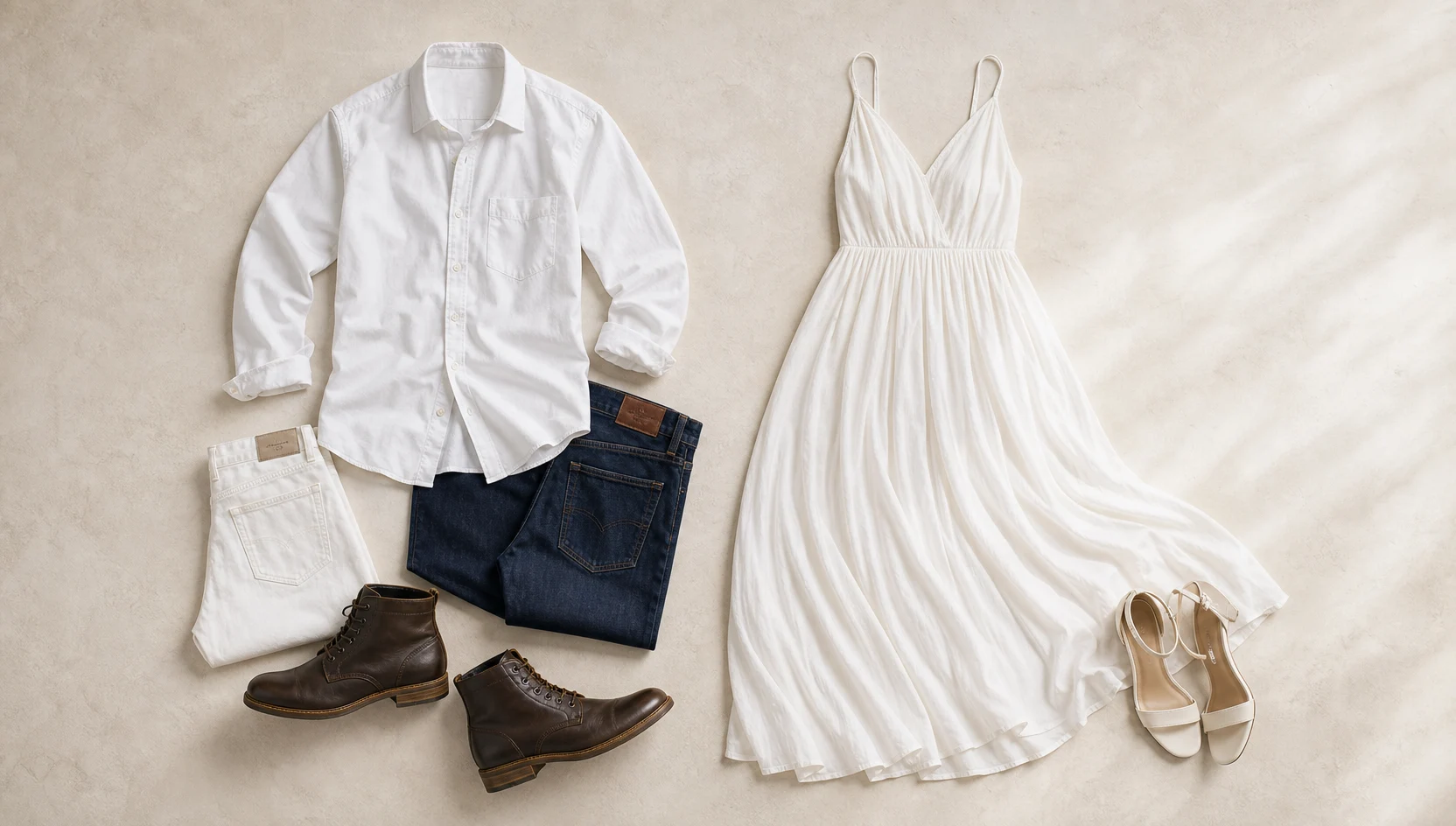 Outfit ideas for sitting close on a mossy log under dappled midday light engagement photos