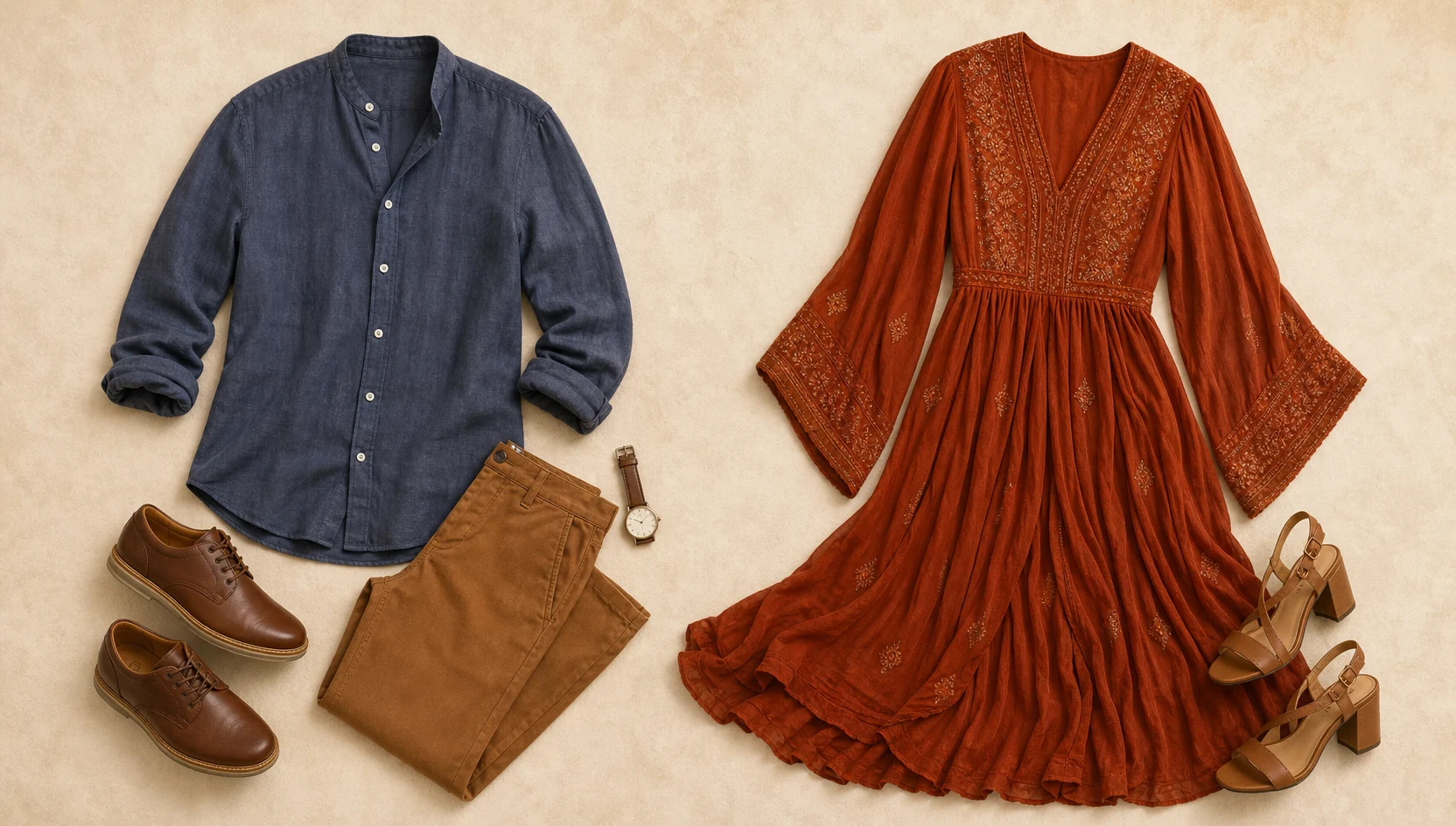 Outfit ideas for sitting close on a driftwood log at sunset engagement photos