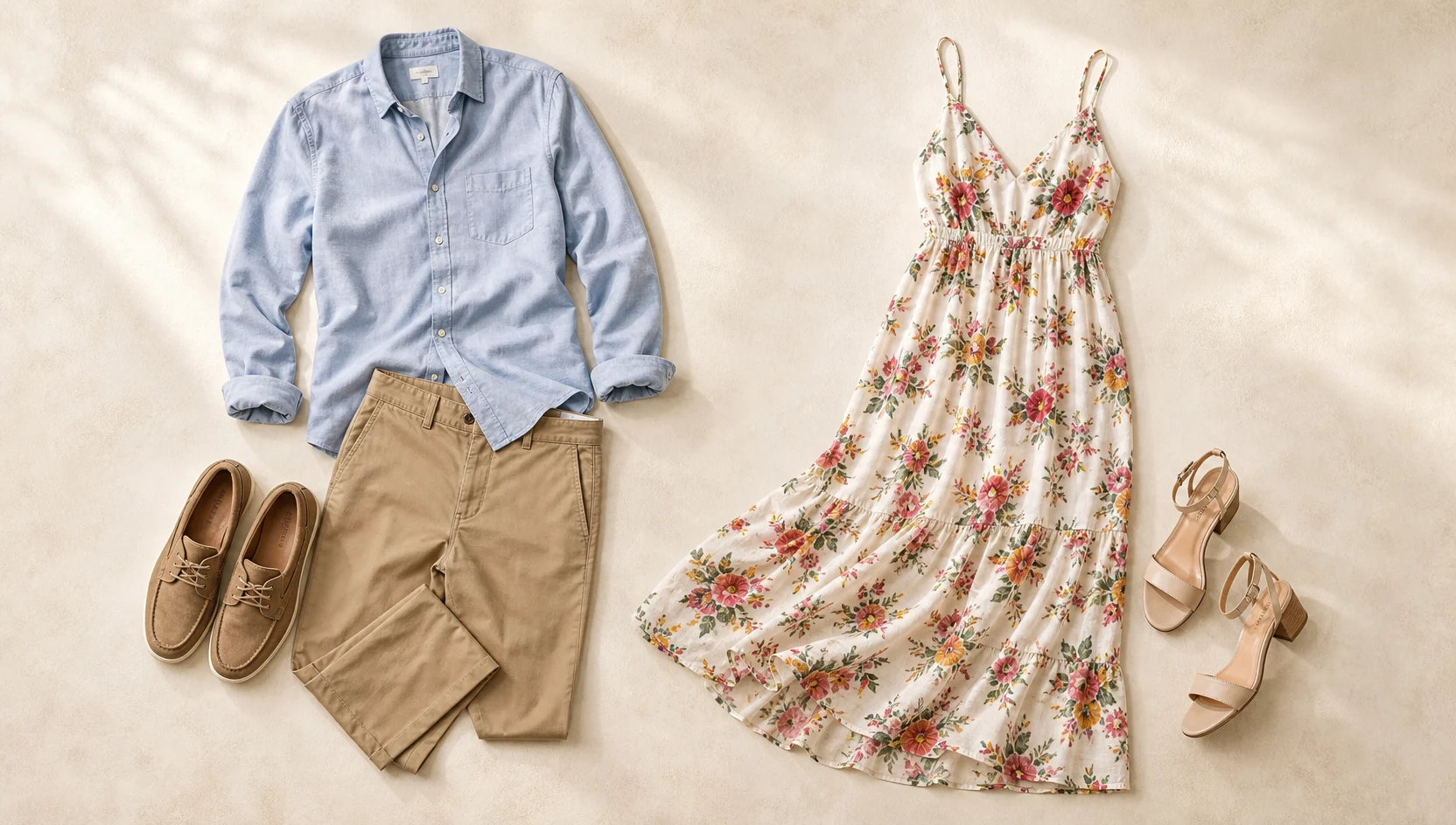 Outfit ideas for sitting close, laughing on golden sand engagement photos