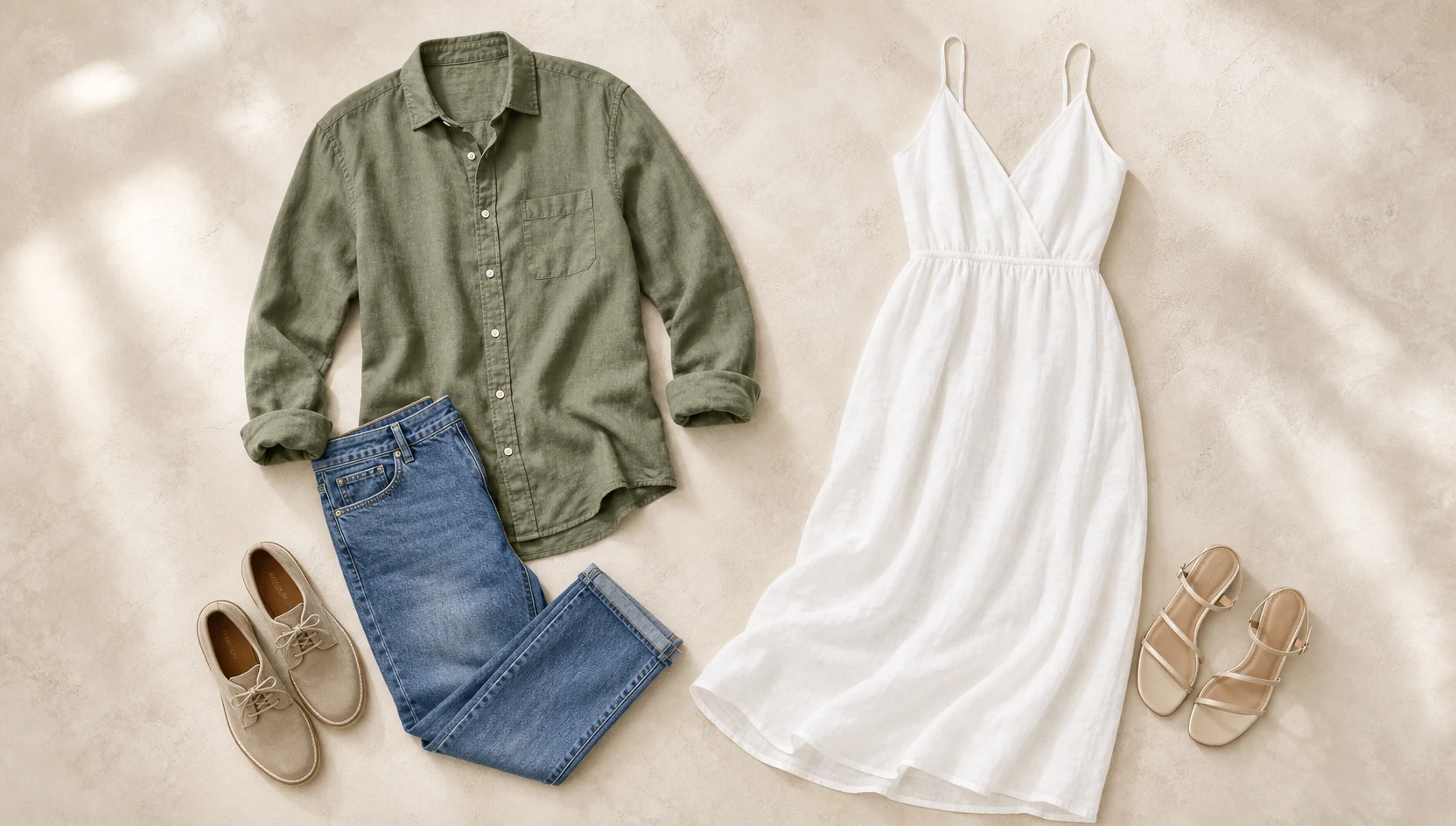 Outfit ideas for sitting close on a mossy log in morning light engagement photos