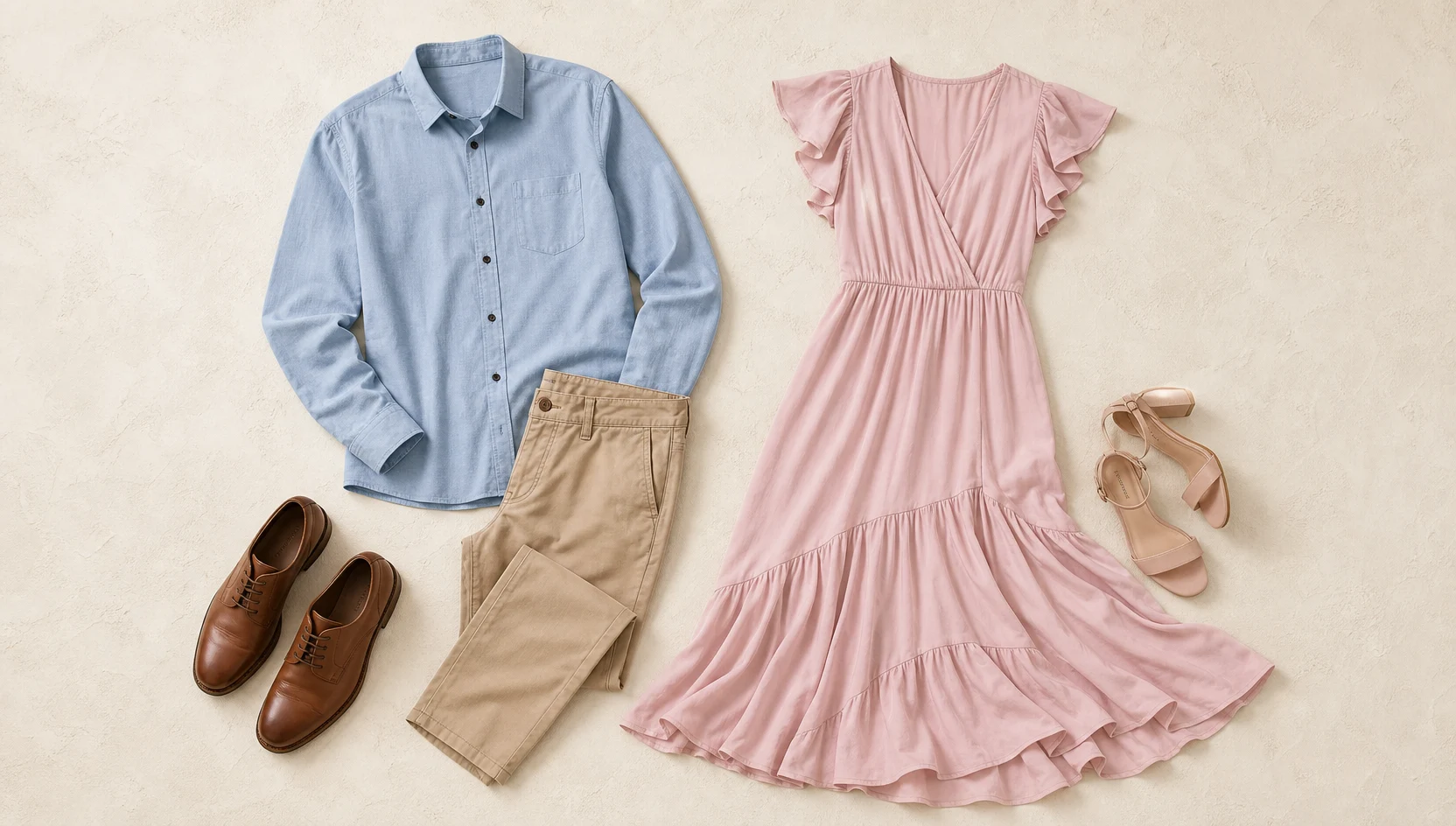 Outfit ideas for couple sitting under fresh spring canopy engagement photos