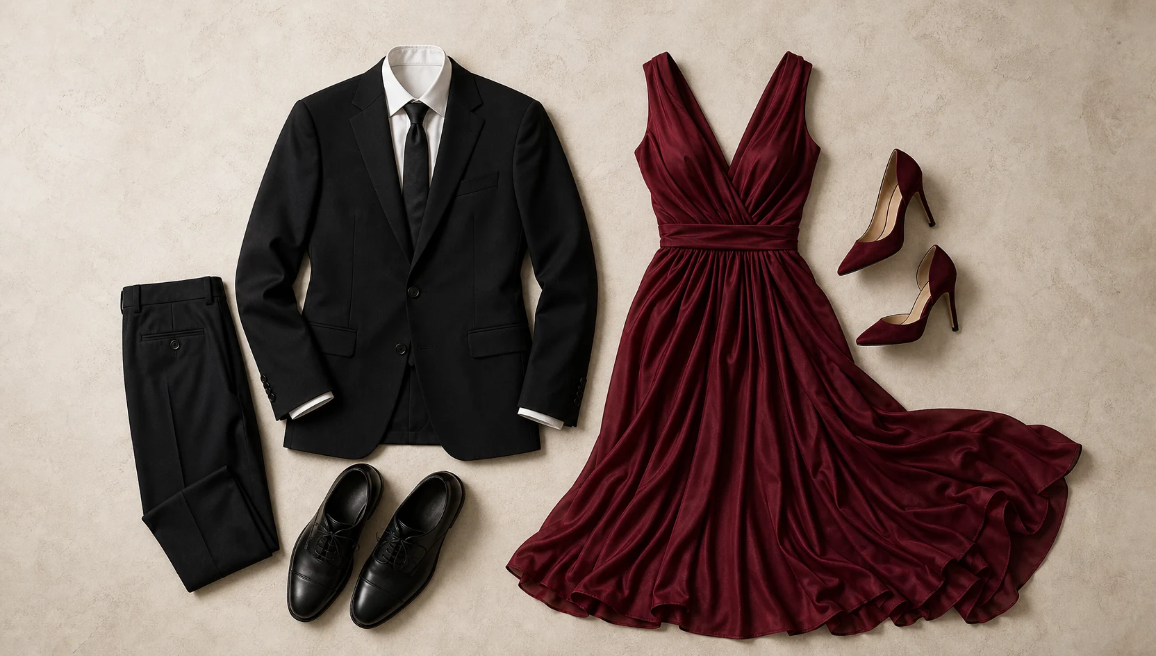 Outfit ideas for formal couple sitting close at sunset engagement photos