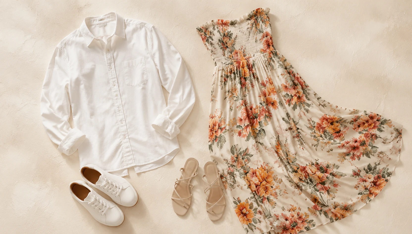 Outfit ideas for sitting close at sunset, floral sundress on empty road engagement photos