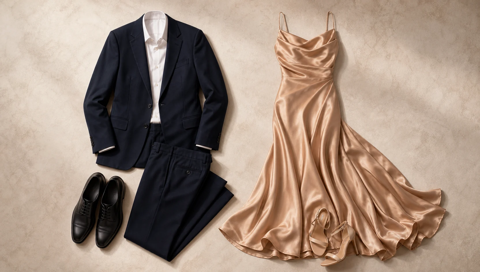 Outfit ideas for sitting on fountain’s edge in sunset’s glow engagement photos