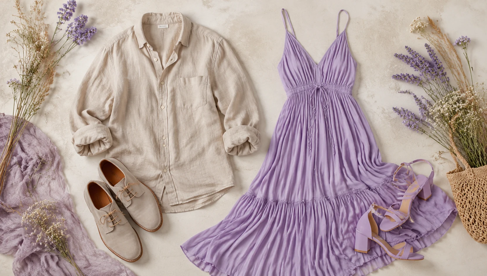 Outfit ideas for sitting close on a blanket in a sunset wildflower meadow engagement photos