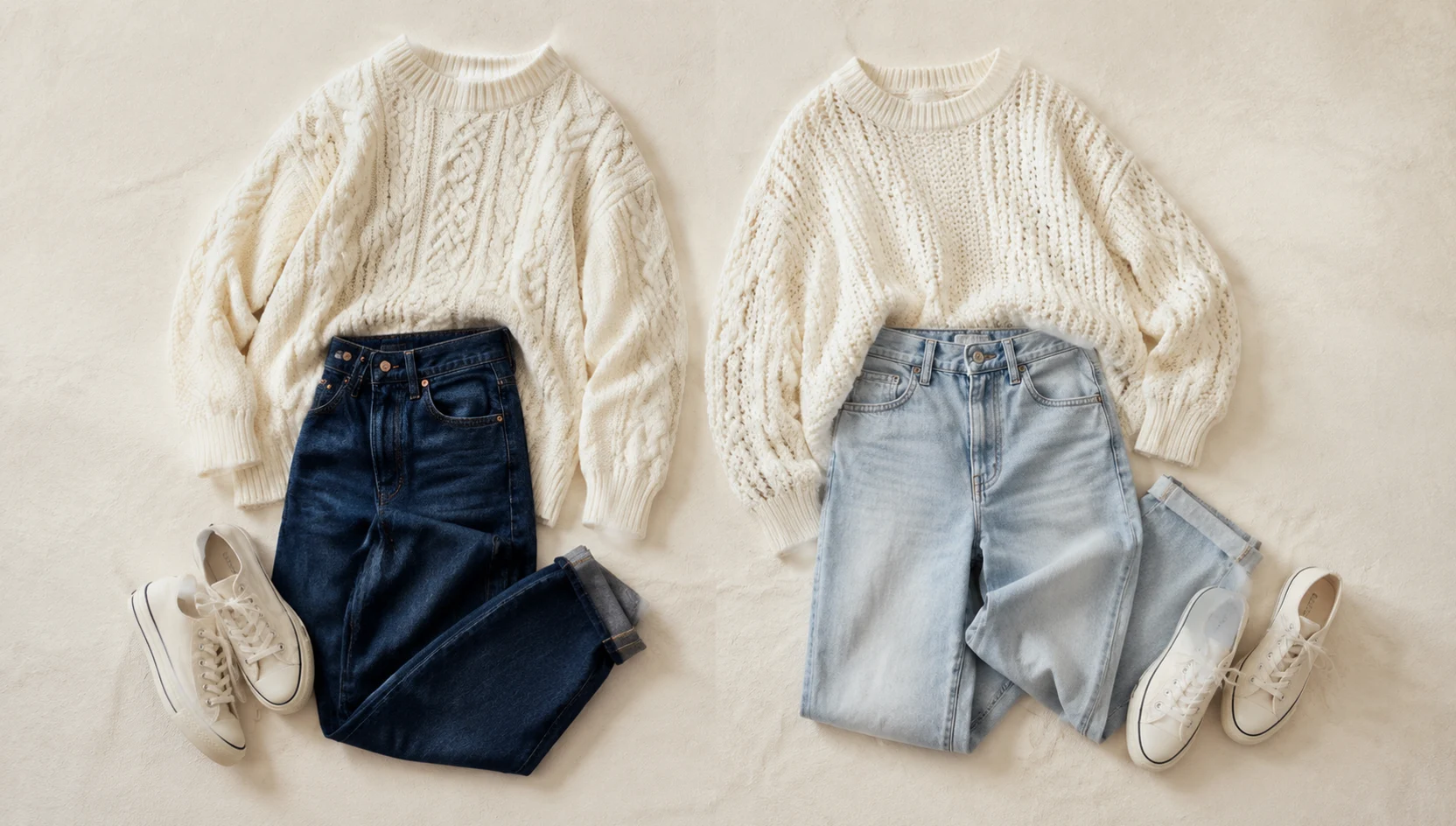 Outfit ideas for cozy benched embrace in white knits engagement photos