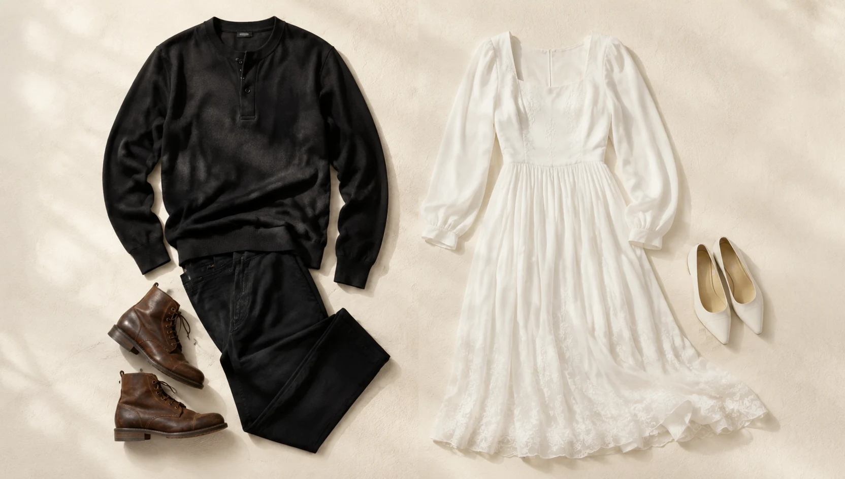 Outfit ideas for sitting on a fallen log in dappled light engagement photos