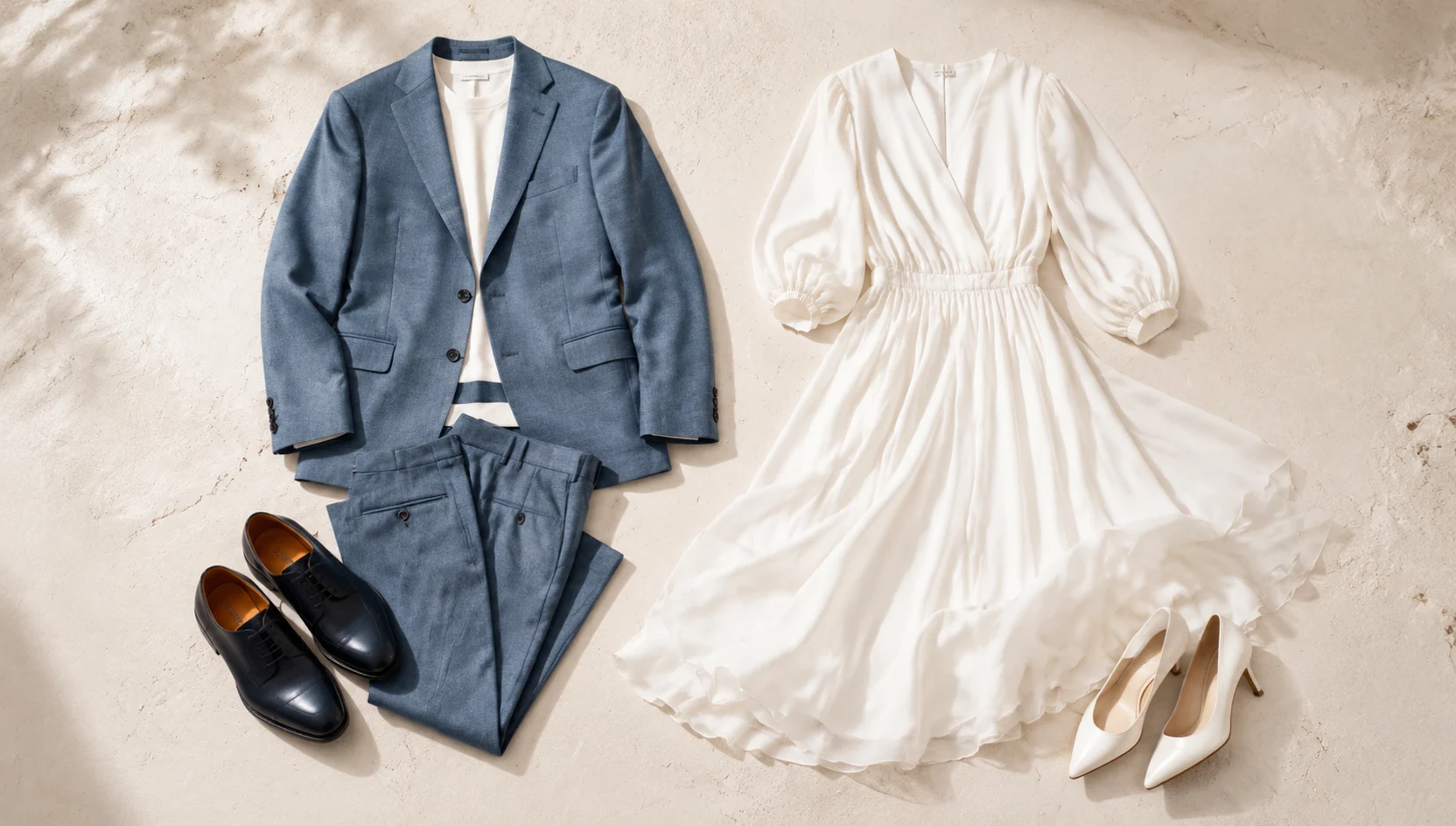 Outfit ideas for slow dance barefoot on grey sand under overcast sky engagement photos
