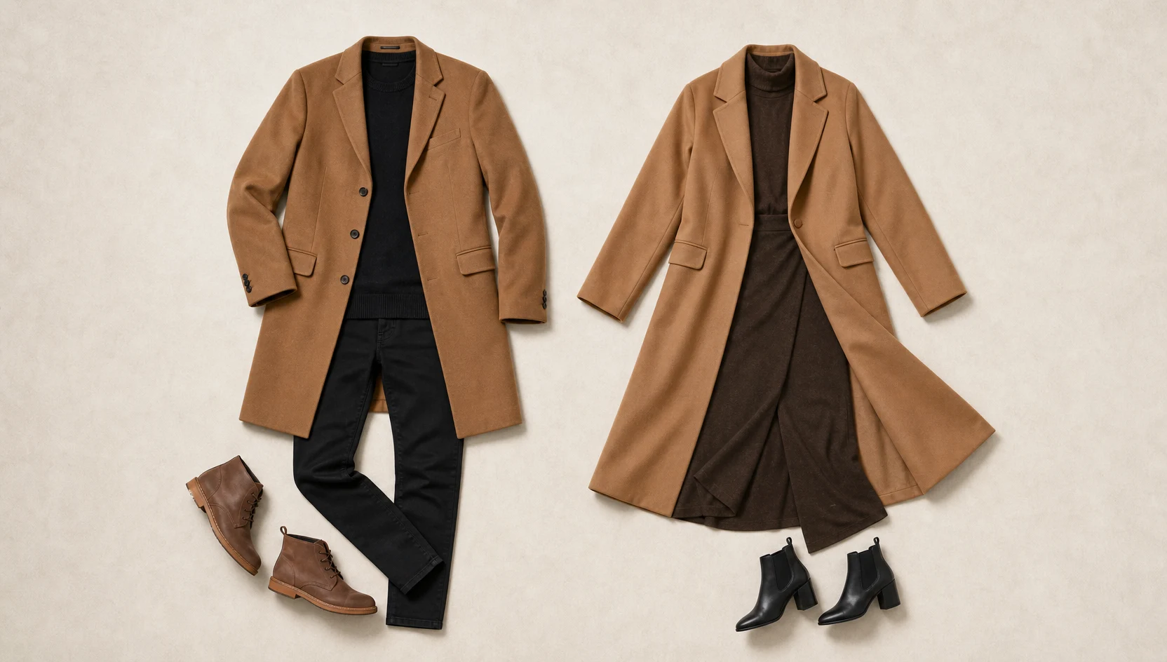 Outfit ideas for camel coats slow dancing in the grove engagement photos