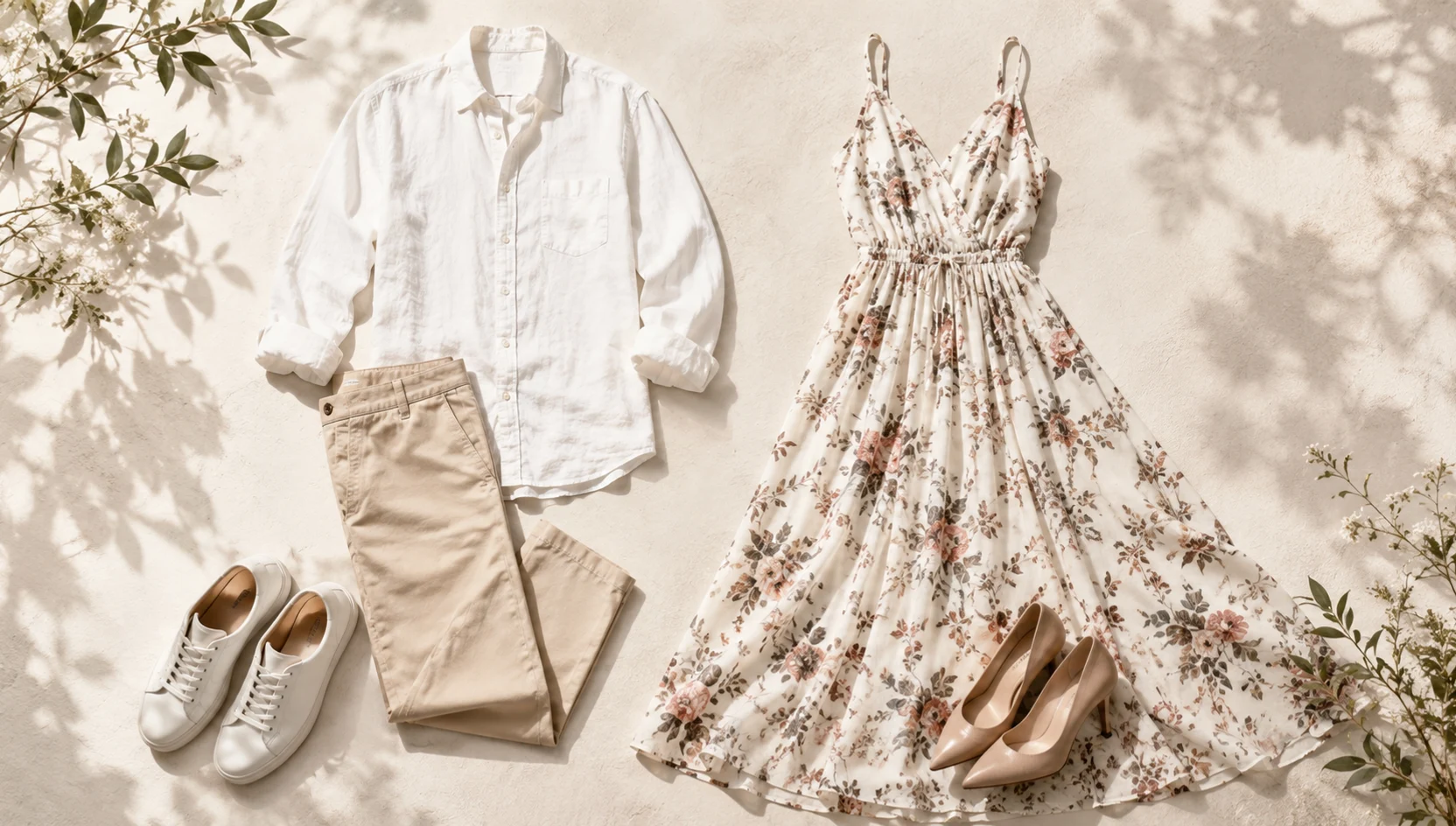 Outfit ideas for slow dance in midday shade under string lights engagement photos