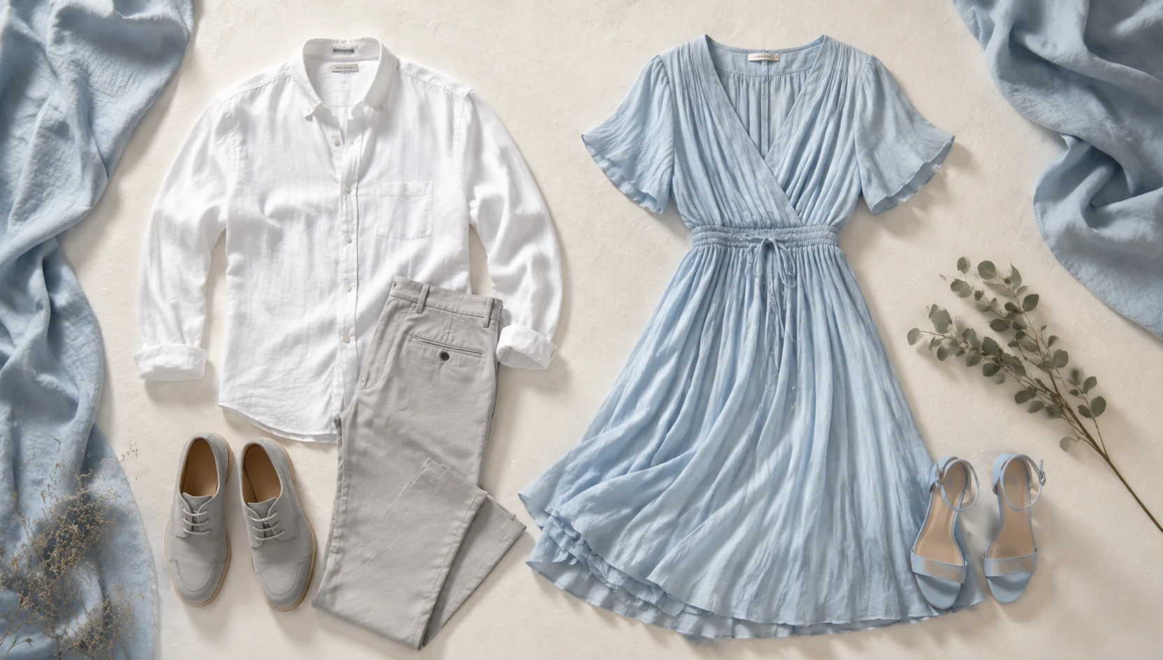 Outfit ideas for slow dance in a bright midday wildflower meadow engagement photos