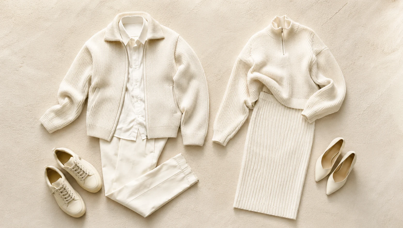 Outfit ideas for snug sitting on a snowy bench engagement photos