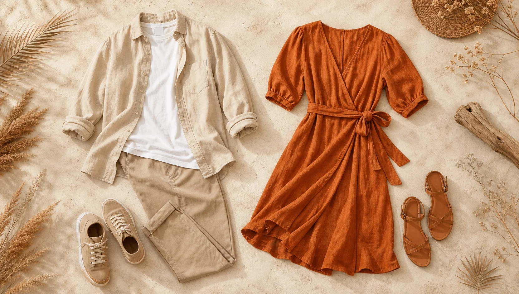 Outfit ideas for splashing through a fiery sunset at the shoreline engagement photos