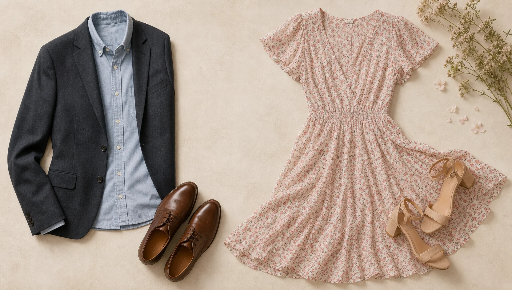 Outfit ideas for golden hour forehead touch at street cafe in floral sundress engagement photos