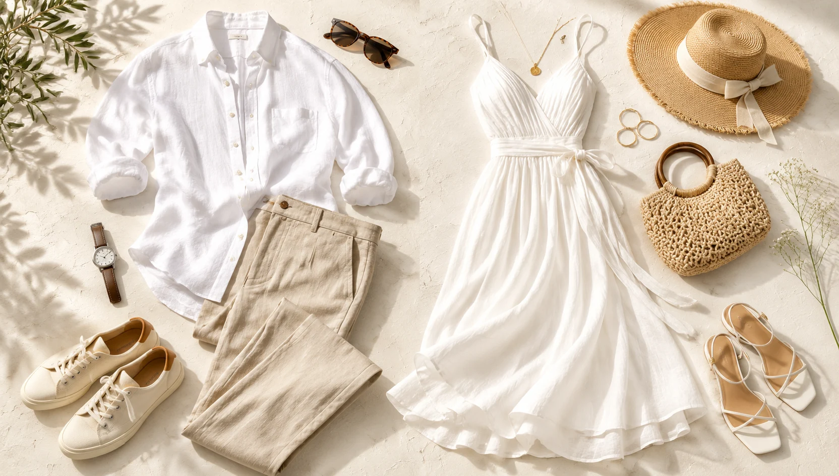 Outfit ideas for morning stroll in white linen at a quiet street cafe engagement photos