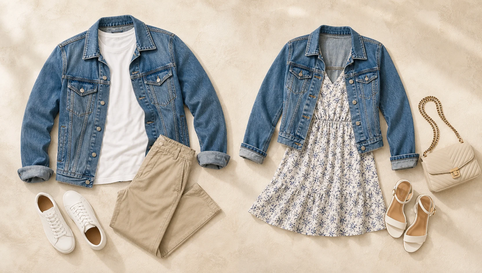 Outfit ideas for sunset ring reveal at street cafe in casual denim engagement photos