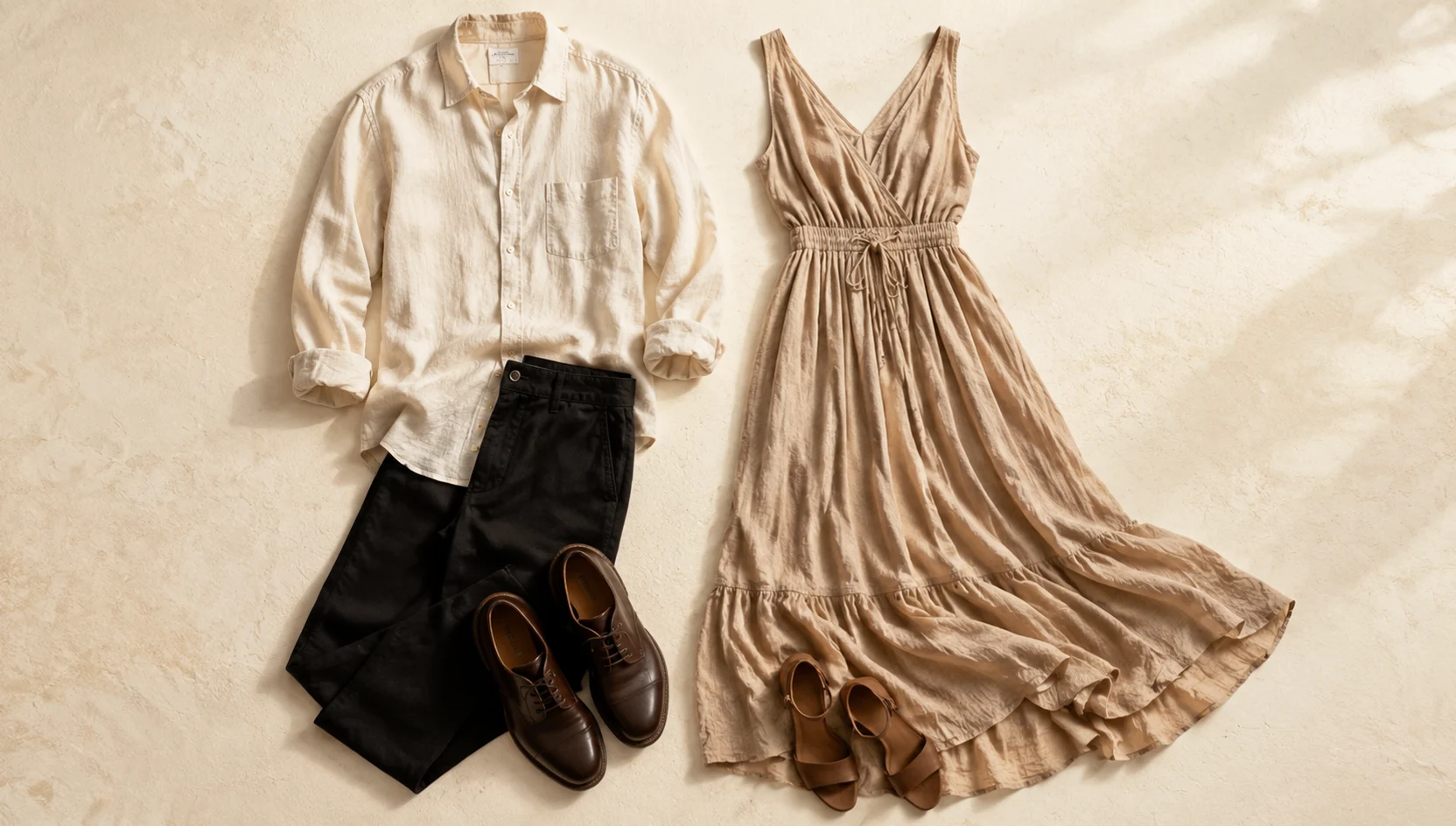 Outfit ideas for strolling away through golden light beams engagement photos