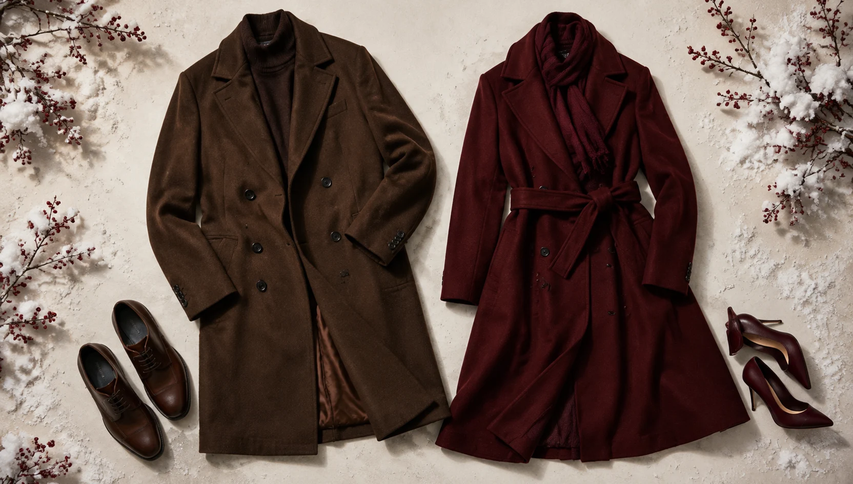Outfit ideas for strolling through snowy city in burgundy coat engagement photos
