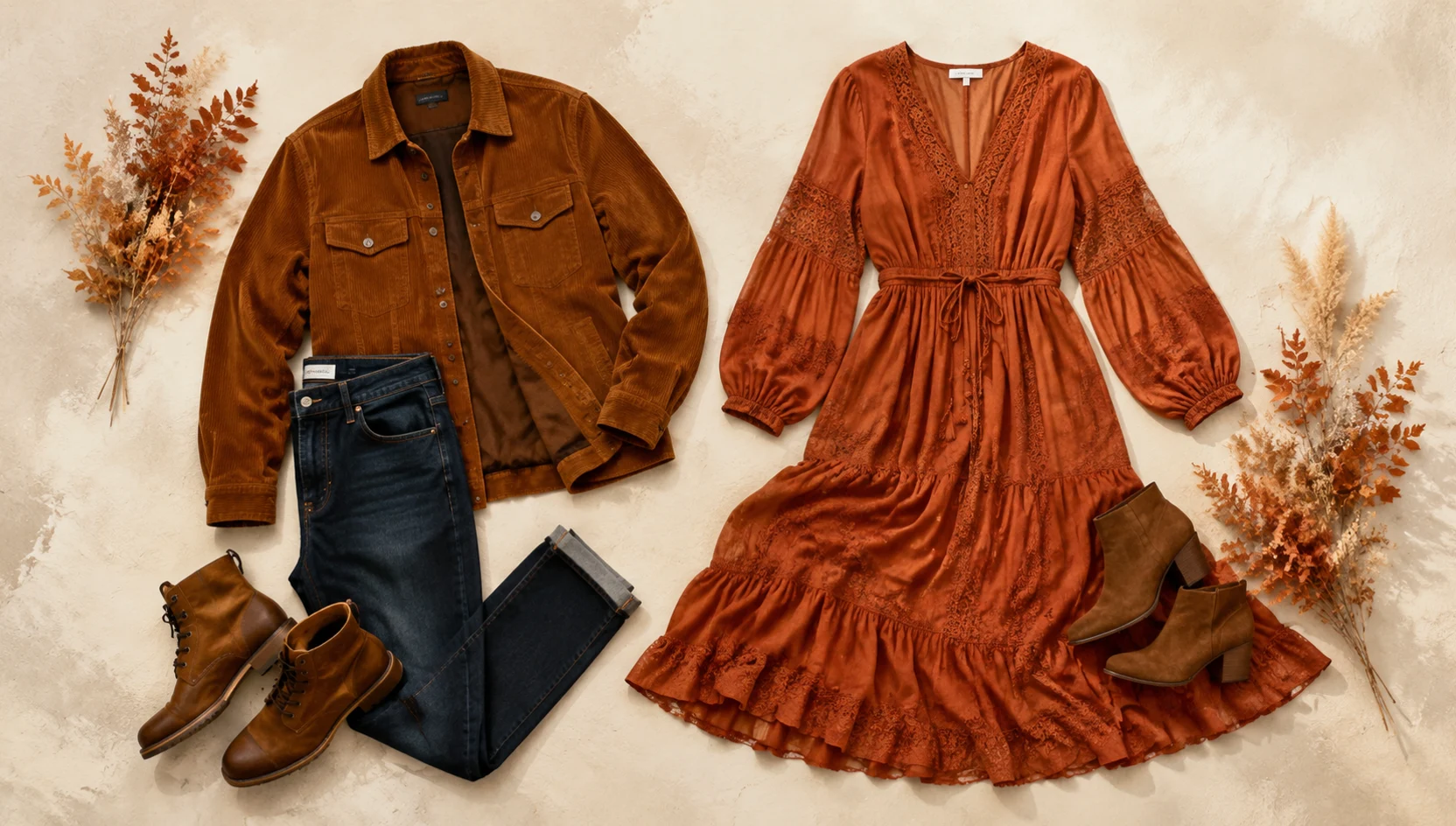 Outfit ideas for sunset embrace seated on a leaf-covered path engagement photos