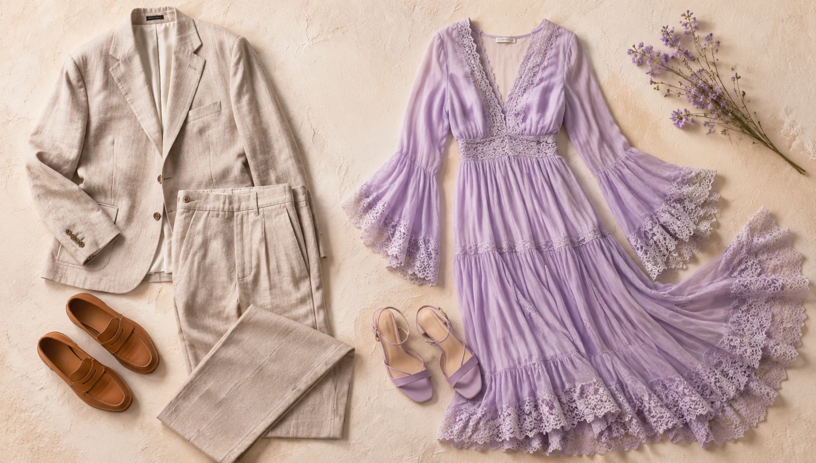 Outfit ideas for gazing toward the sunset from the garden's edge engagement photos