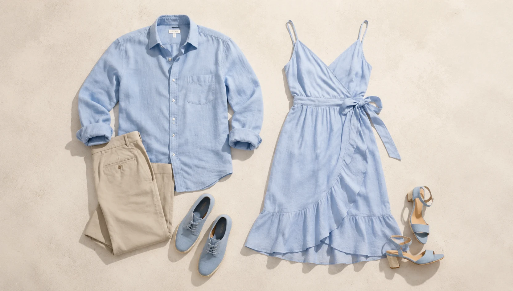 Outfit ideas for walking hand-in-hand at midday shore engagement photos