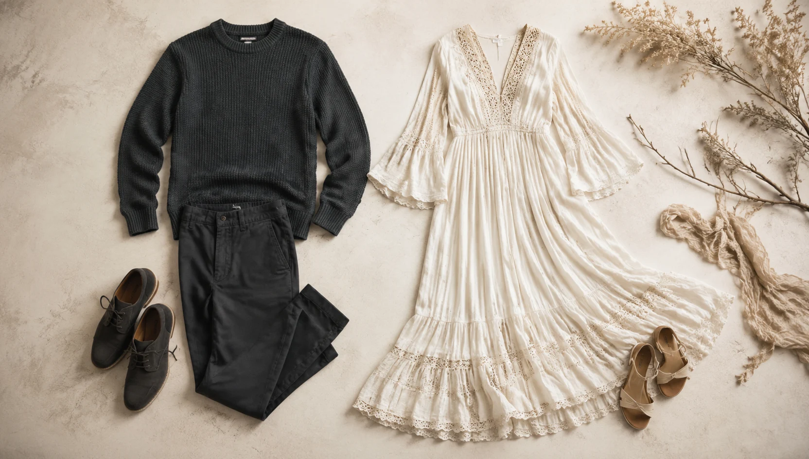 Outfit ideas for walking hand-in-hand through blue-hour pines engagement photos