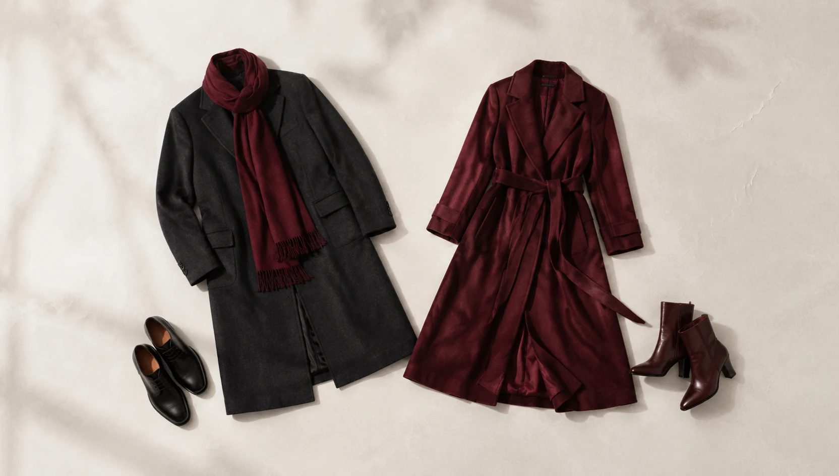 Outfit ideas for burgundy path over the snowy field engagement photos