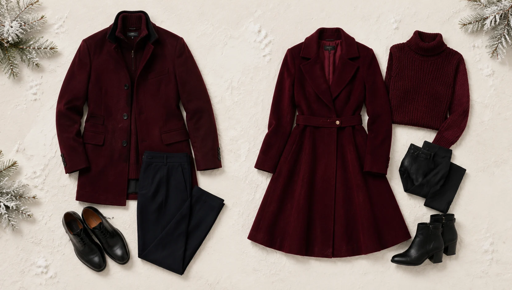 Outfit ideas for burgundy coats wind through snow-dusted pines engagement photos