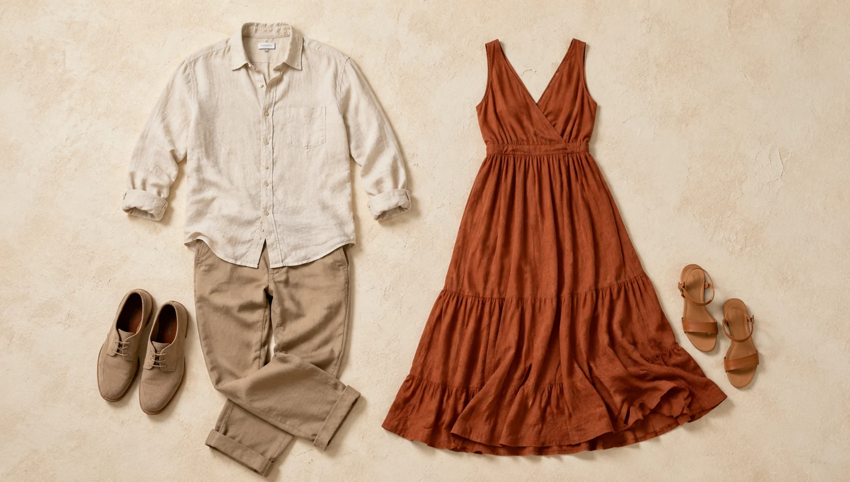 Outfit ideas for walking through fog and golden shafts in earthy linen engagement photos