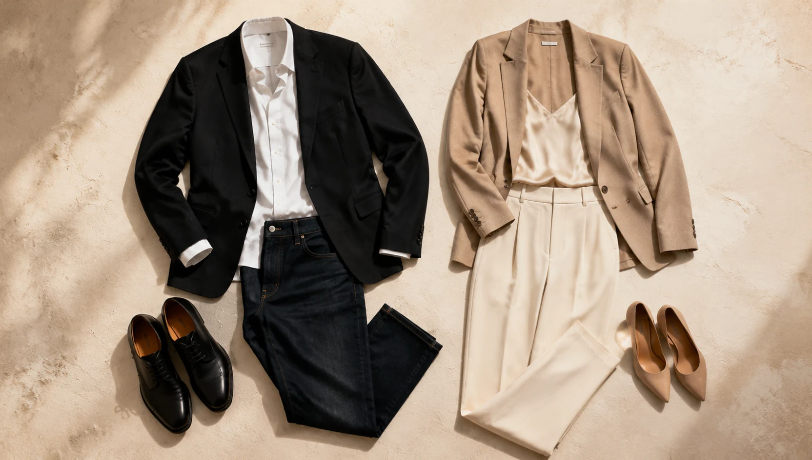 Outfit ideas for walking hand in hand down stairs in golden light engagement photos